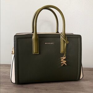 BRAND NEW Michael Kors Laila Olive Green & Ivy Medium Satchel with Gold Hardware